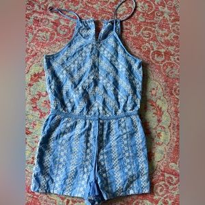 Loft Beach Blue White embroidered eyelet romper Medium NWOT